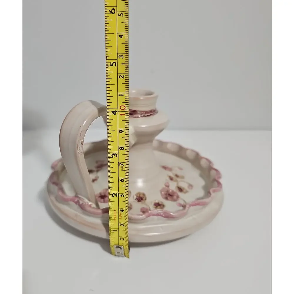 Hand Painted Ceramic Chamberstick Candle Holder Pink Scallop Edge Floral Motif